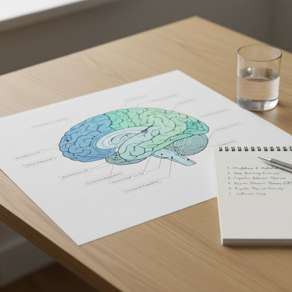A close-up of a detailed, color-coded brain diagram printed on high-quality matte paper, spread across a light oak table. Different regions responsible for anxiety responses are highlighted in cool blues and soft greens, with fine, precise labels and arrows indicating neural pathways. Beside it lies a sleek silver pen, a spiral-bound notebook with clear bullet-pointed recovery steps, and a small, minimalist glass of water. Soft overcast daylight from an unseen window washes the table, reducing harsh contrast and creating a clinical yet welcoming atmosphere. Captured from a slightly elevated angle with moderate depth of field, the image feels like a scientific consultation scene. The photographic, clean, and modern style emphasizes evidence-based understanding and calm, drug-free anxiety recovery.