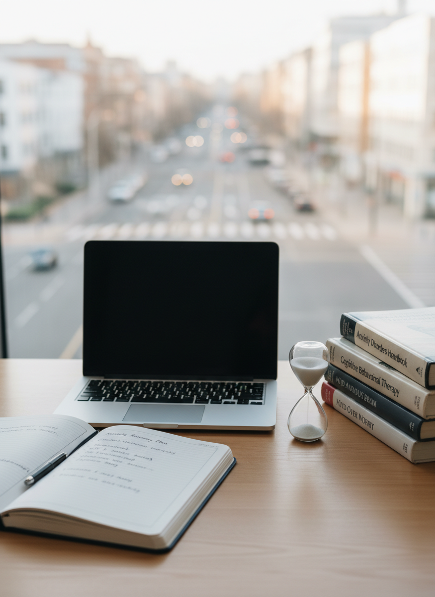 A neatly organized wooden therapist’s desk in a modern consulting room, featuring an open hardcover notebook filled with precise, handwritten notes about anxiety recovery, beside a closed laptop with a clean, minimalist screen. A small hourglass with pale sand and a stack of well-thumbed psychology textbooks on anxiety disorders rest nearby. The desk sits near a large window overlooking a soft-focus cityscape of calm, early-morning streets. Diffused natural daylight gently illuminates the scene, creating soft reflections on the smooth desk surface and subtle shadows between objects. Photographed at eye level with a shallow depth of field, the foreground in crisp focus and background blurred, the mood is professional, reassuring, and evidence-based. The photographic realism and clean composition convey scientific clarity and calm.