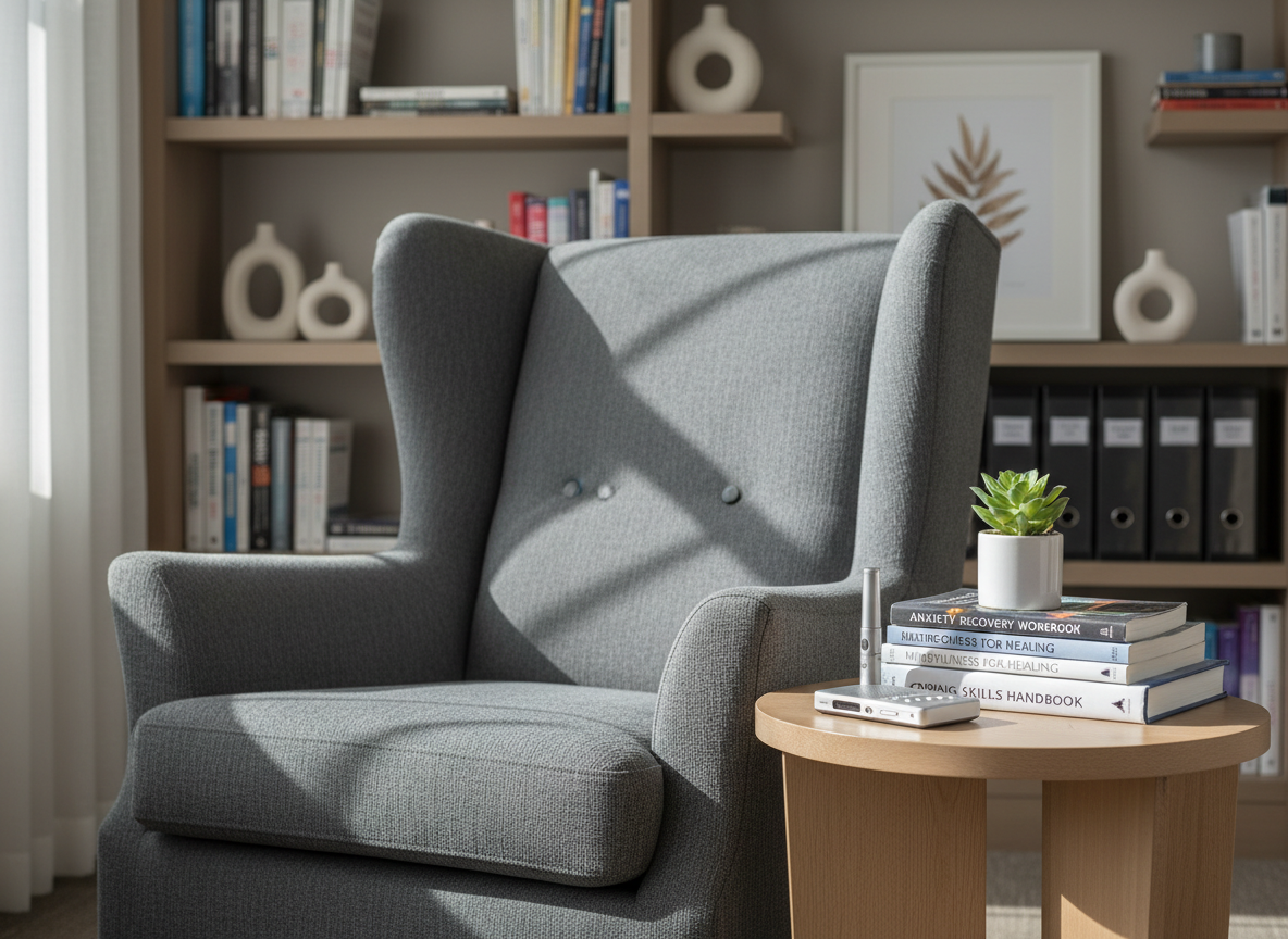 A serene corner of a professional therapy office, featuring a single high-backed, charcoal-gray armchair with textured fabric, angled slightly toward a low, round wooden side table. On the table rests a tidy stack of anxiety recovery workbooks, a slim digital voice recorder, and a small, healthy green plant in a white ceramic pot. The background reveals built-in shelves lined with neatly arranged psychology books and soft, neutral decor, all slightly out of focus. Warm, indirect afternoon light from a side window creates gentle shadows and subtle highlights on the chair’s fabric. Shot at eye level with a balanced, rule-of-thirds composition, the scene feels safe, structured, and hopeful. The photographic realism and understated colors communicate professionalism and trust in the recovery process.